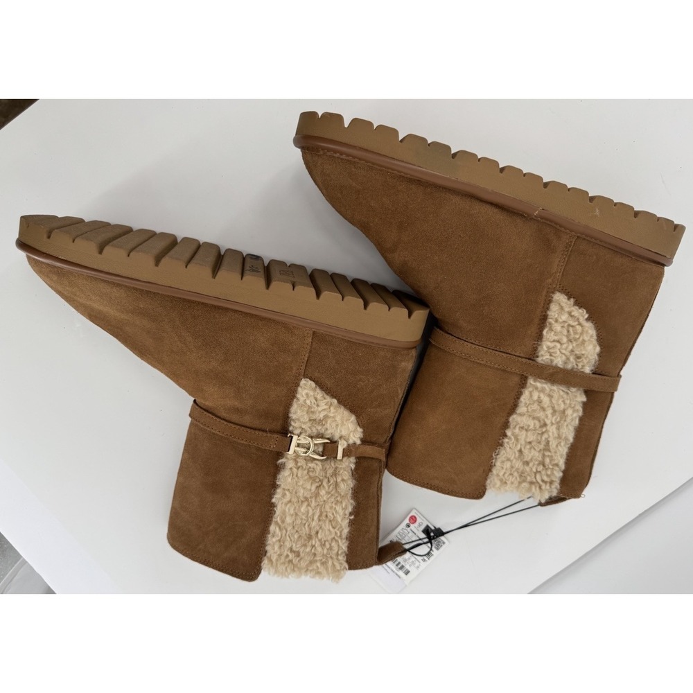 ZARA NWT Cozy Shearling Lined Suede Ankle Boots Chestnut Brown Moto Buckle Sz 9 - Picture 6 of 15